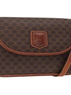 Authentic CELINE Macadam Canvas Shoulder Bag PVC Leather Brown Gold